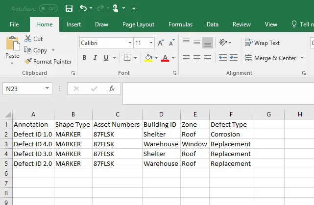 csv report generated for aerial inspection