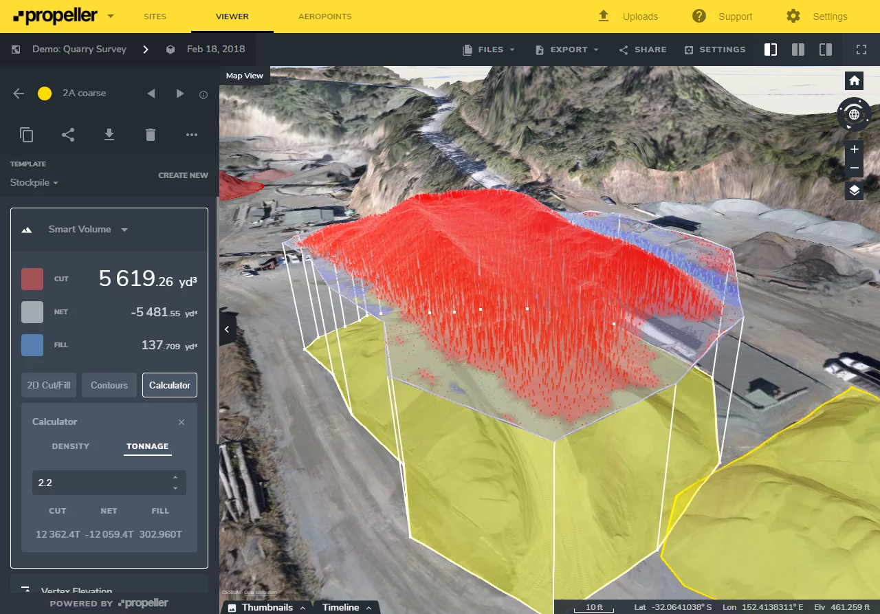 Quarry stockpile volume calculated on the Propeller Platform