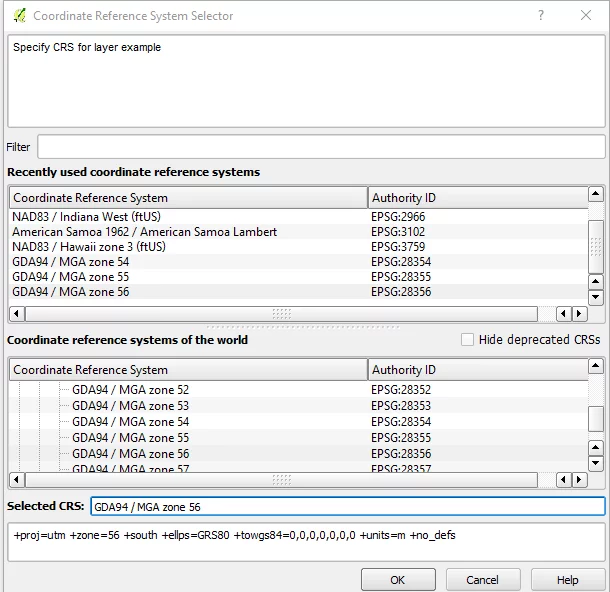 QGIS KML global projections menu