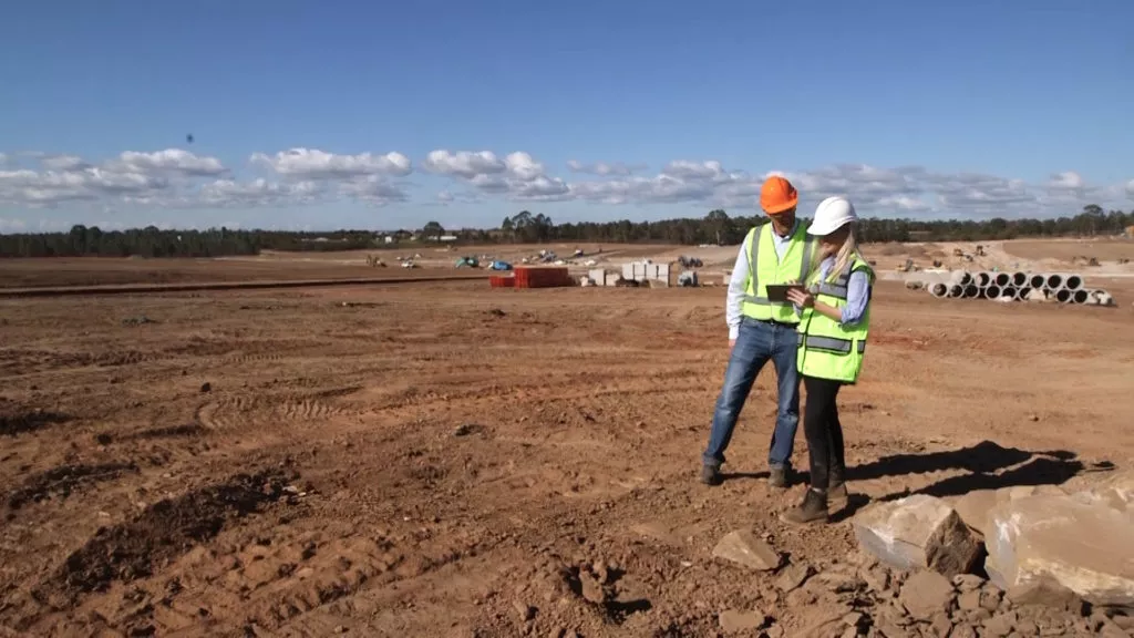 Surveying in field on site with controller people