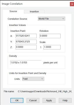 Civil 3D Image Correlation dialog box