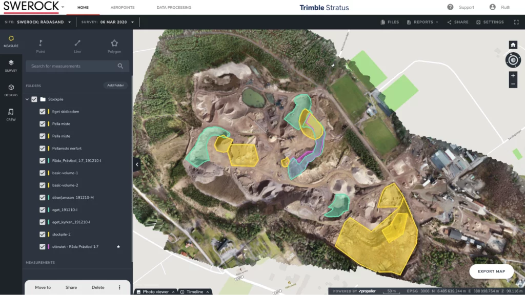 screenshot of stockpile measurements of Swerock quarry in Trimble Stratus platform