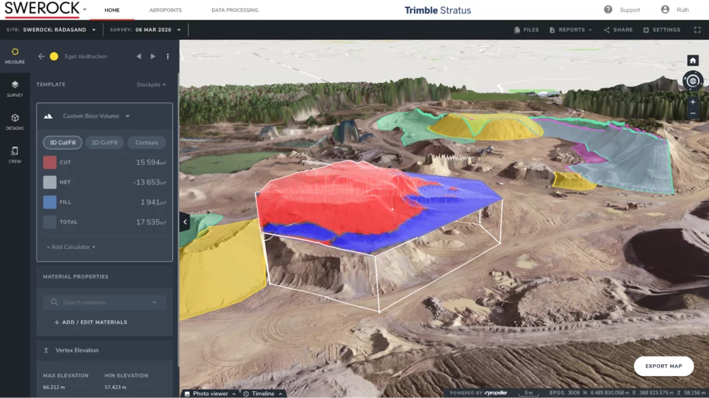 screenshot of stockpile measurements of Swerock quarry in Trimble Stratus platform